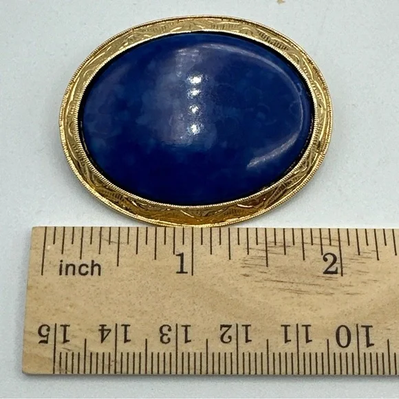 Vintage Blue Emitation Marble and Clasical gold Tone Brooch #766 - Picture 5 of 6